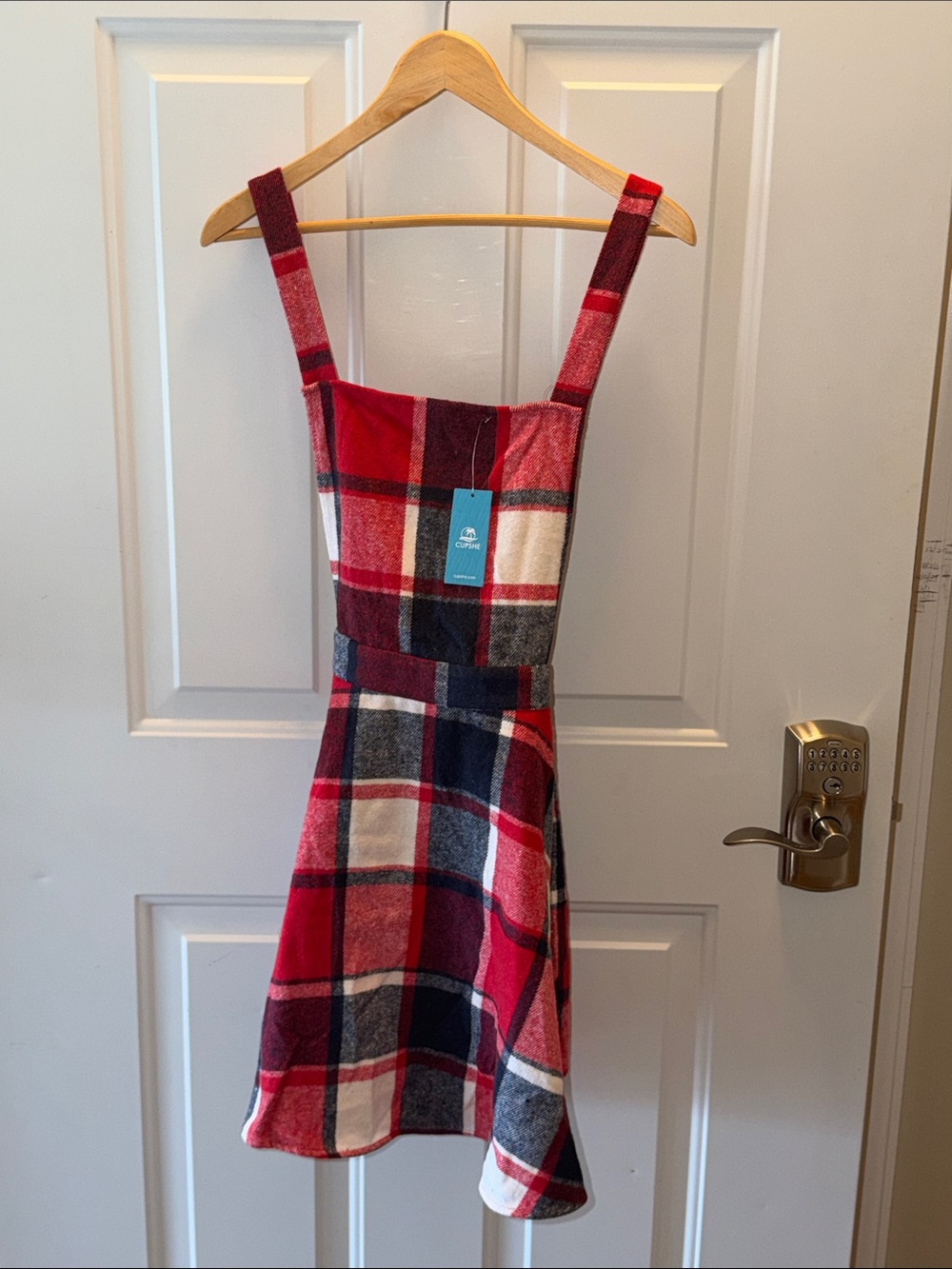 NWT Cupshe Red Plaid Overall Mini Dress With Square Neck Size Large - Picture 3 of 16
